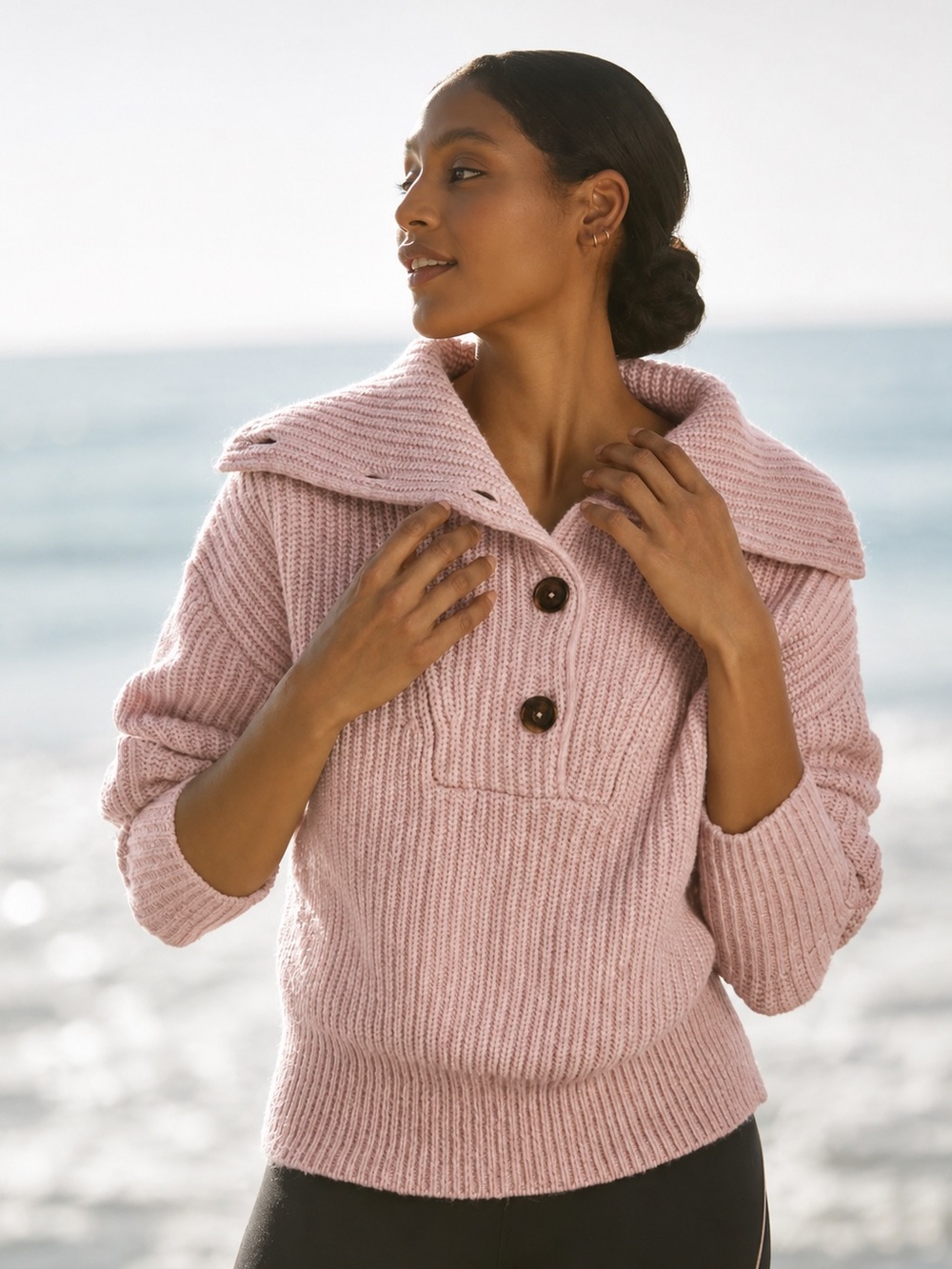 Varley Peverel Button Placket Knit Oversized Sweater Woodrose Pink XS